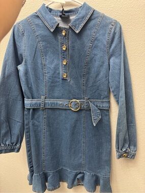 Bardot Blue Denim Belted Dress with Gold Buttons
